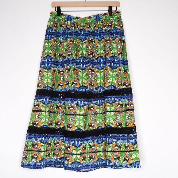 Sam Edelman Dresses & Skirts - Sam Edelman Womens Skirt Size 10 Blue‎ Green A-line Novelty Parrot Black Lace